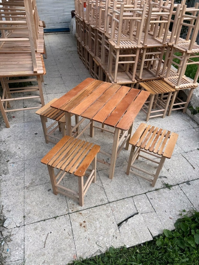 Ahşap gürgen Ağacından katlanır masa ve tabure takım vernikli - 7