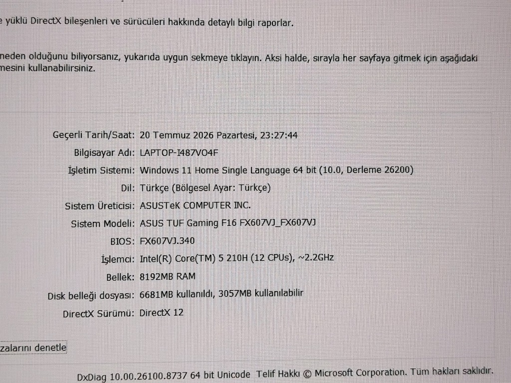 2 AYLIK ASUS TUF F16 İNTEL CORE 5 210H 8GB DDR5 RTX 3050 6GB - 3