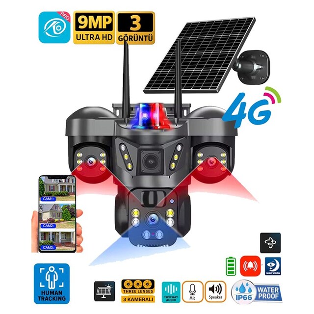 O-Kam 8050 9Mp Lens 3 Kamera Ultrahd 4G Solar Akıllı Güvenlik Kamerası