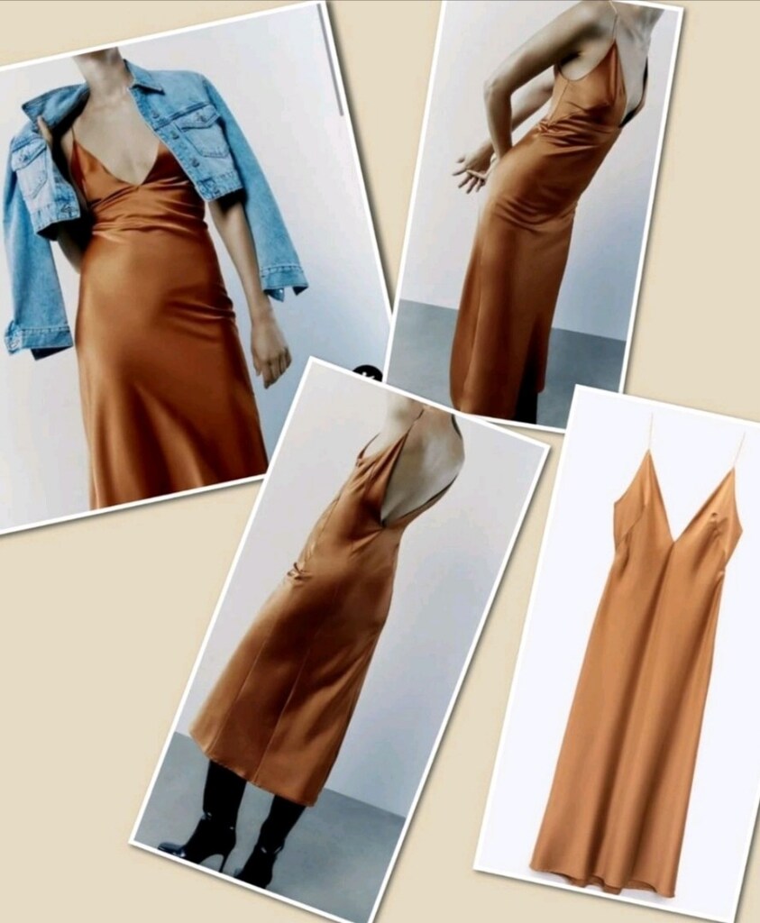 KAHVE TABA İP ASKILI SATEN MİDİ ELBİSE S zara mango koton - 5