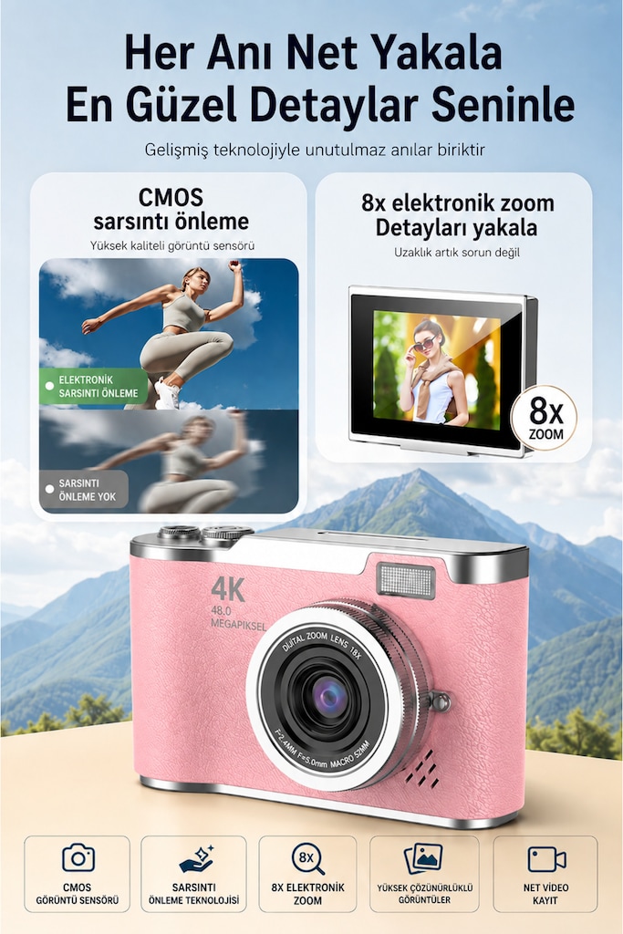 4K Dijital Fotoğraf Makinesi 48MP Flip Ekranlı 8X Zoom Flaşlı - 4