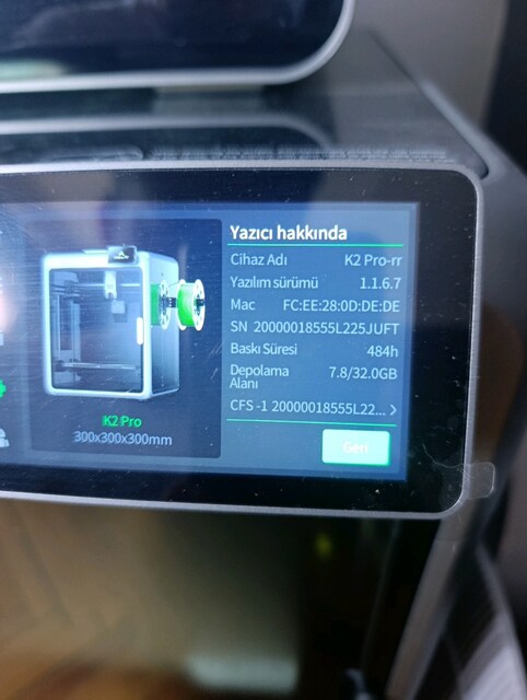 Crealty K2 Pro Combo 3D yazıcı Garantisi devam ediyor 550 saatte