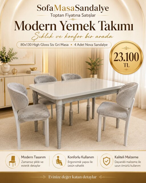 80x130 High Gloss Sis Gri Masa Takımı – 4 Nova Sandalye