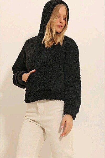 H&M Siyah Peluş Kapüşonlu Sweatshirt
