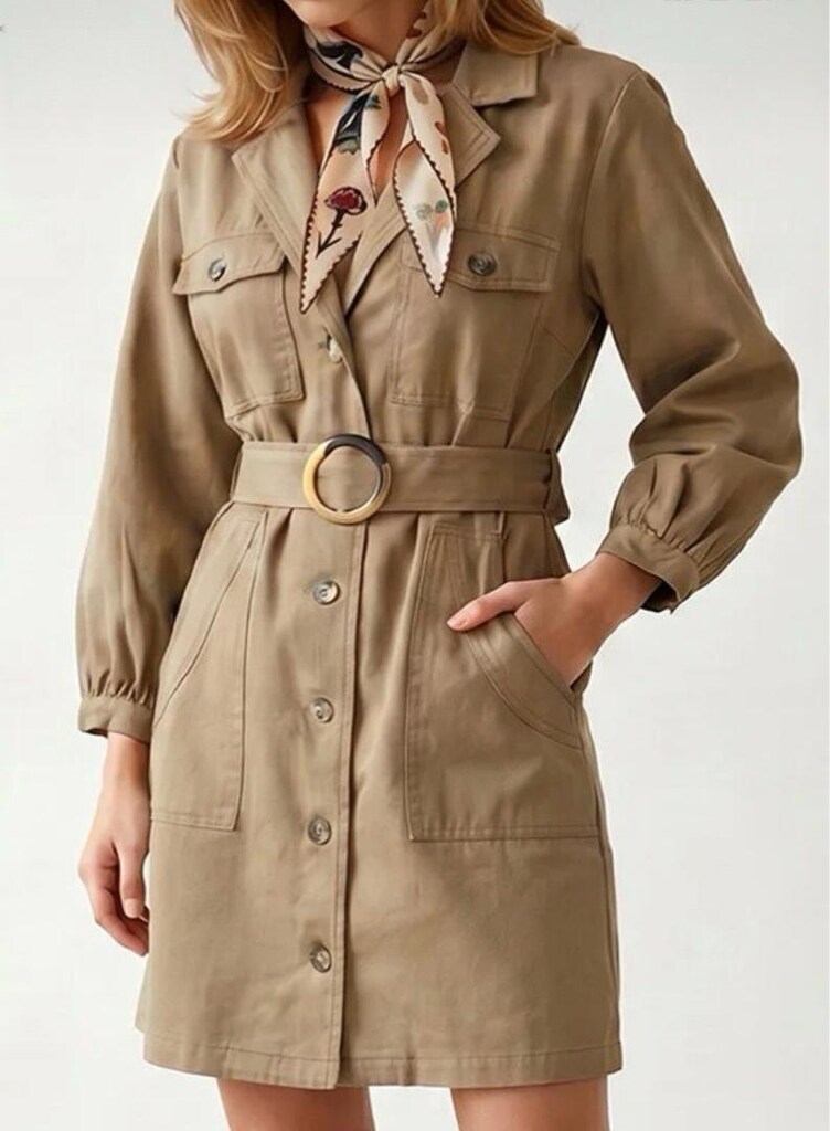 Trendyol Kadın Camel Cepli Kuşaklı Gabardin Gömlek Elbise - 10