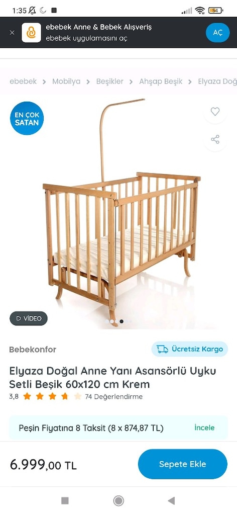 Elyaza Doğal Anne Yanı Asansörlü Uyku Setli Beşik 60x120 cm Krem - 3