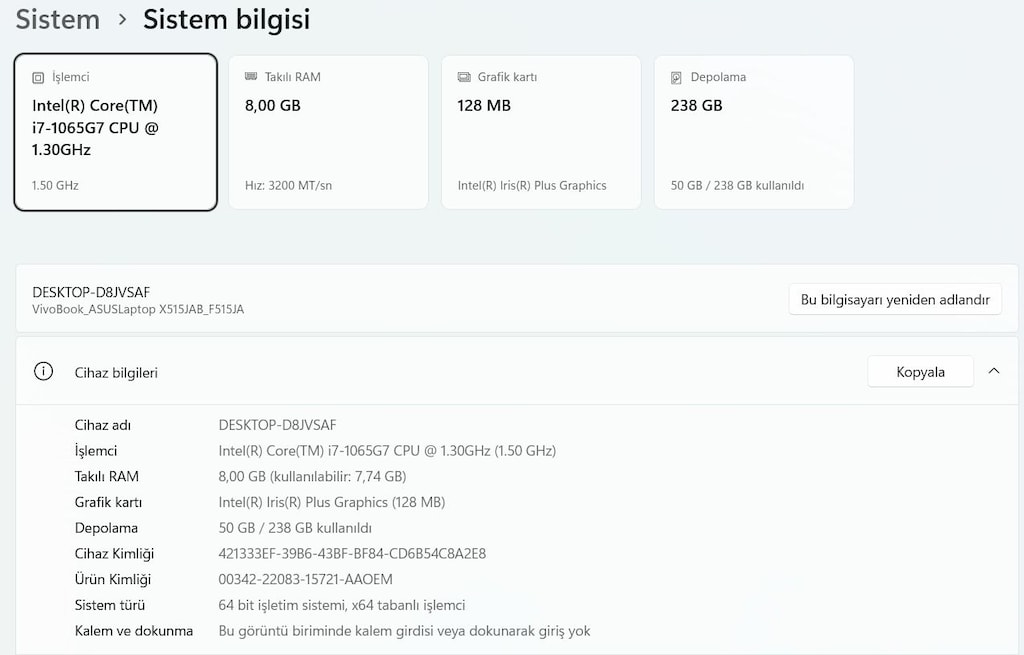 i7 1065g7 İşl. / 8 gb RAM / 256 GB M2 / Asus Laptop - 3