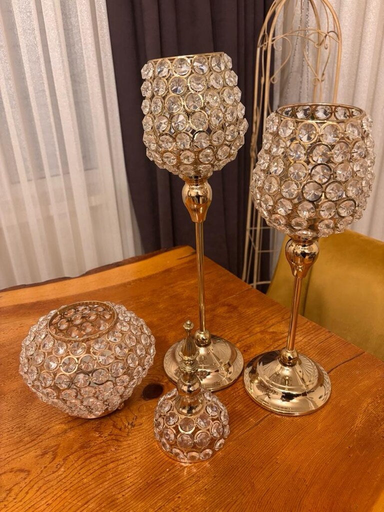 Kristal taş gold renk üçlü mumluk - 4