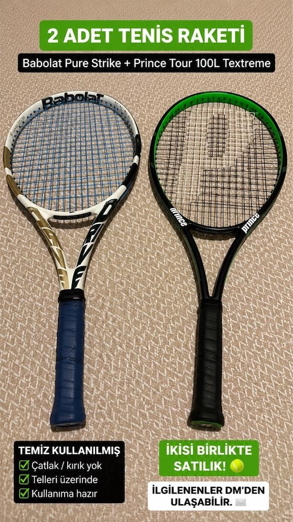 Babolat Pure Strike + Prince Tour 100L Textreme Tenis Raketleri (2 Ade - 15