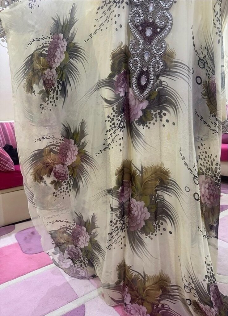 Ekru Taşlı Çiçekli Şifon Yarasa Kol Kaftan Abiye - 8