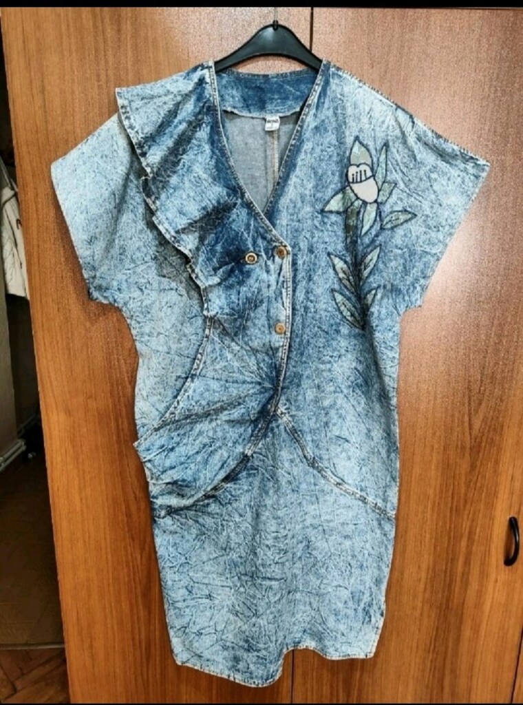 Düğmeli Kısa Kollu Batik Desenli Kadın Kot Elbise