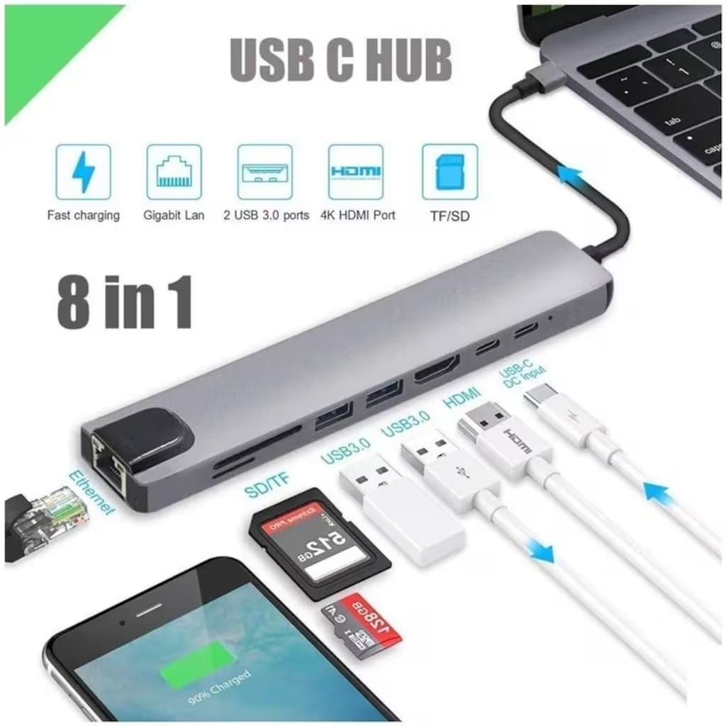 8'i 1 Arada Windows & Mac 100 W Hızlı Şarj Özellikli USB Hub Çoklayıcı - 5