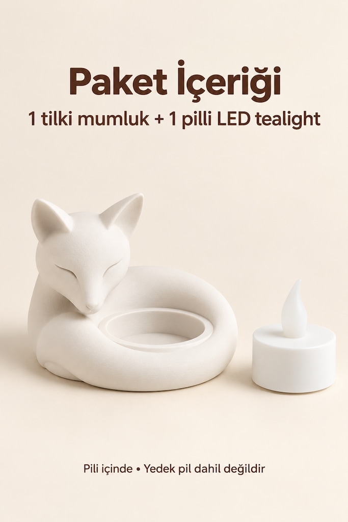 Beyaz Uyuyan Tilki Figürlü Dekoratif Mumluk - Pilli Tealight Mum Dahil - 4