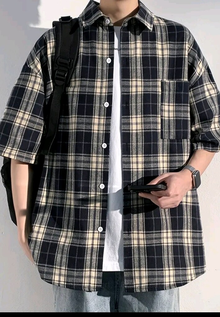 Erkek Casual Plaid Kısa Kollu Gömlek pamuk - Siyah ve Beyaz Çizgili De - 4