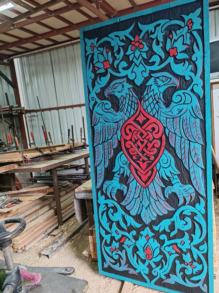 Tamamı el oyması ile işlenmiş eski kapı Selçuklu kartalı 94/210 cm. - 6