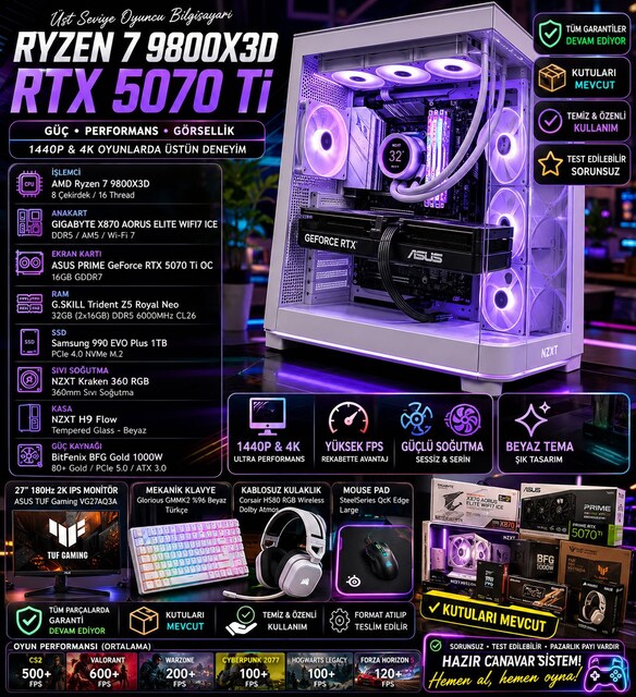 RTX 5070 Ti + Ryzen 7 9800X3D Beyaz Canavar Sistem - KFG
