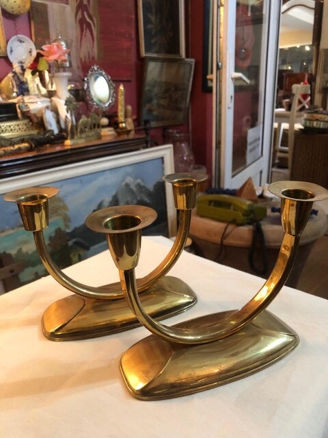 Vintage Art Deco Pirinç Mumluk & Şamdan (2 Adet)