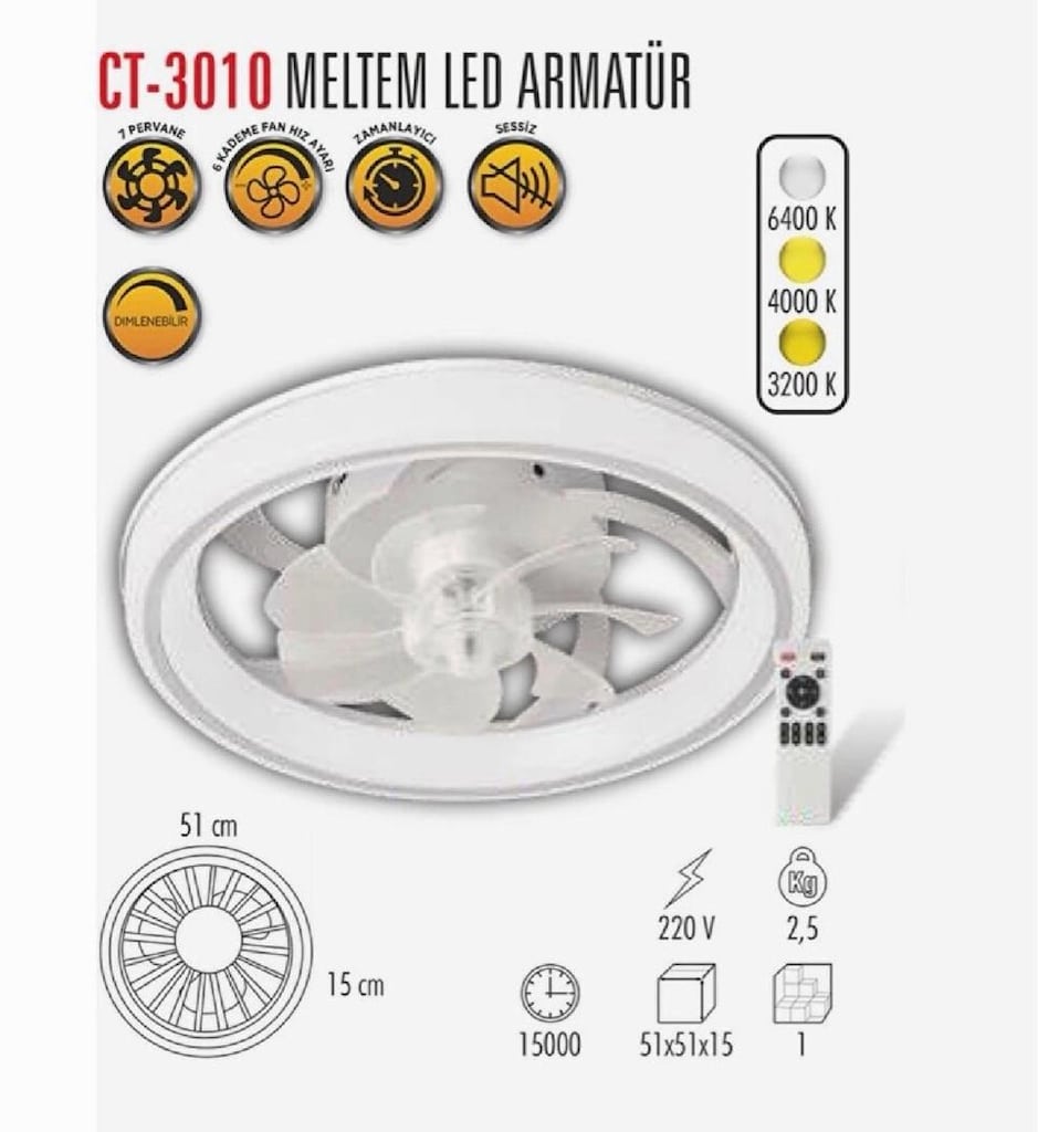 Cata CT-3010 Meltem Led Tavan Vantilatörü, tavan armatürü, kumandalı - 2