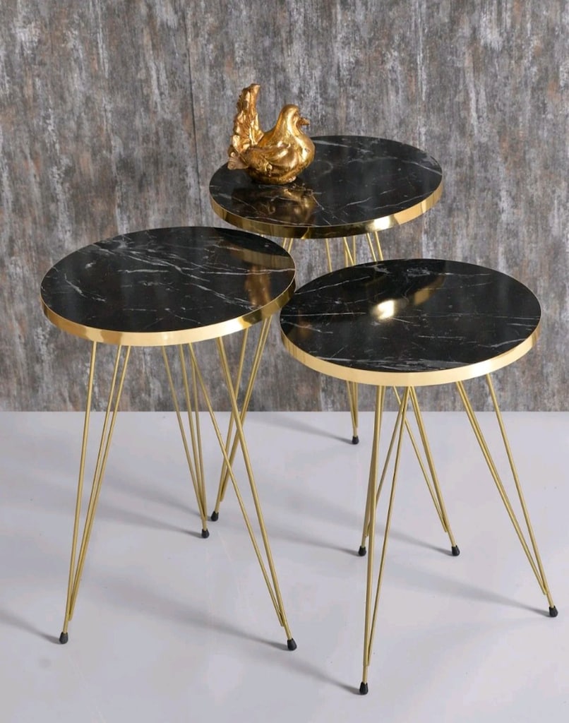 Gold Siyah Mermer Desenli 3 lü Zigon Sehpa - 2