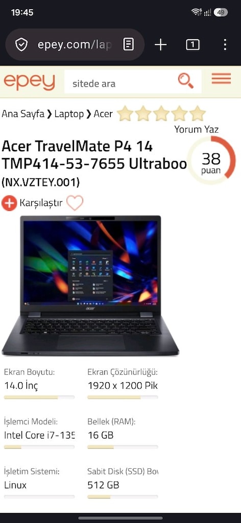 Acer Travelmate P4 i7 13. Nesil 16gb Ram 512gb Ssd - 7