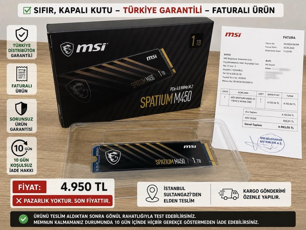 MSI SPATIUM M450 V1 1TB PCIe 4.0 NVMe M.2 SSD |Sıfır Kapalı Kutu| KFG - 6