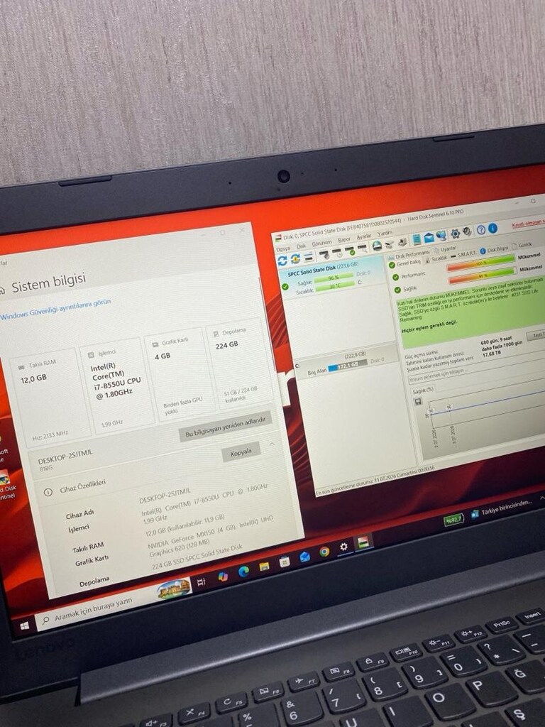 LENOVO-i7 8.NESİL-12GB DDR4-NVIDIA MX150 4GB-240 SSD-BATARYALI-LAPTOP - 3