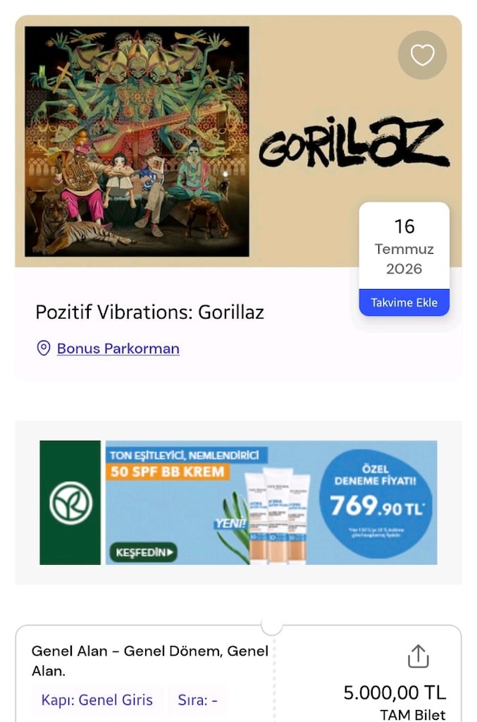 Gorillaz 16 Temmuz Konseri Biletleri