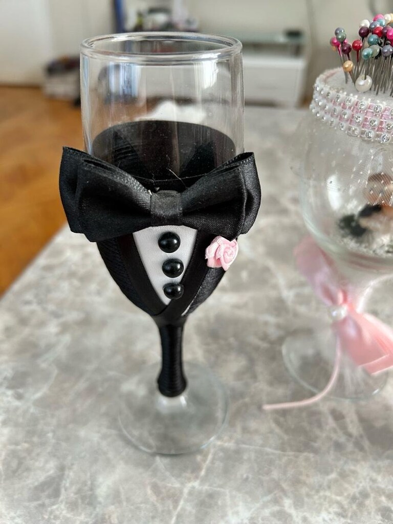 Gelin damat bardağı ve iğne bardağı pembe siyah - 2
