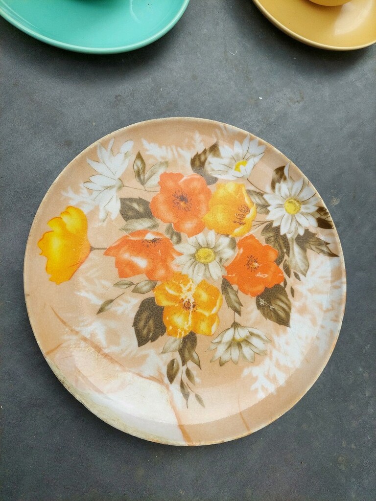 Vintage Güral stoneware porselen fincan. Vintage renk melamin tabak. - 11