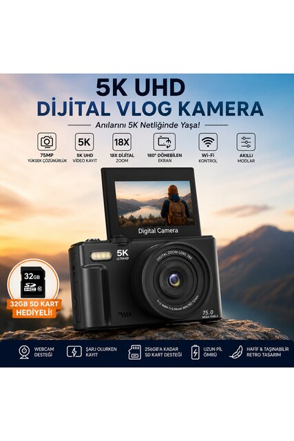 5K 75MP HD Dijital Kamera 18X Dijital Zoom IPS Ekran