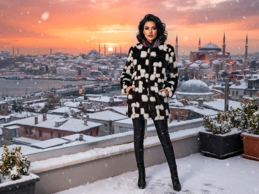Siyah Beyaz Peluş / Kürk Kaban (Astarlı)