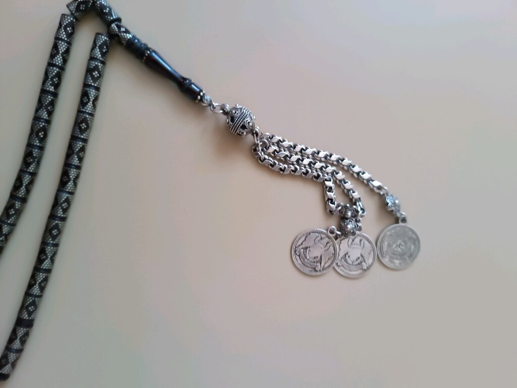 gümüş işlemeli ateş kehribar tesbih - 4