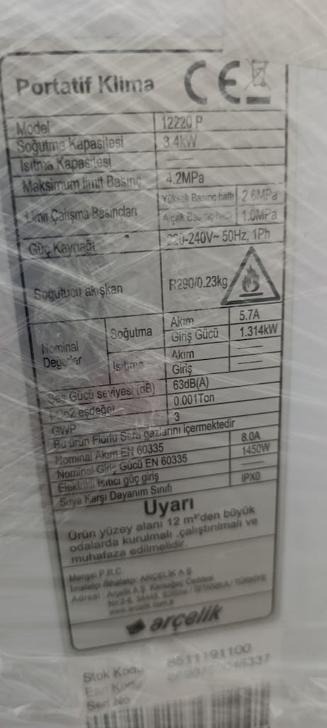 Bir yıllık, garanti kapsamında Arçelik 12220 p portatif klima - 2