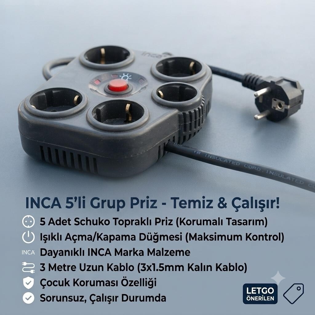 Inca Inca IPW-06S2 Anahtarlı 6'lı 2 m Siyah Akım Korumalı Priz - 3