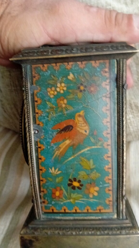 1800s Fransız bronz seyahat saati üzeri komple mineli el boyama - 2