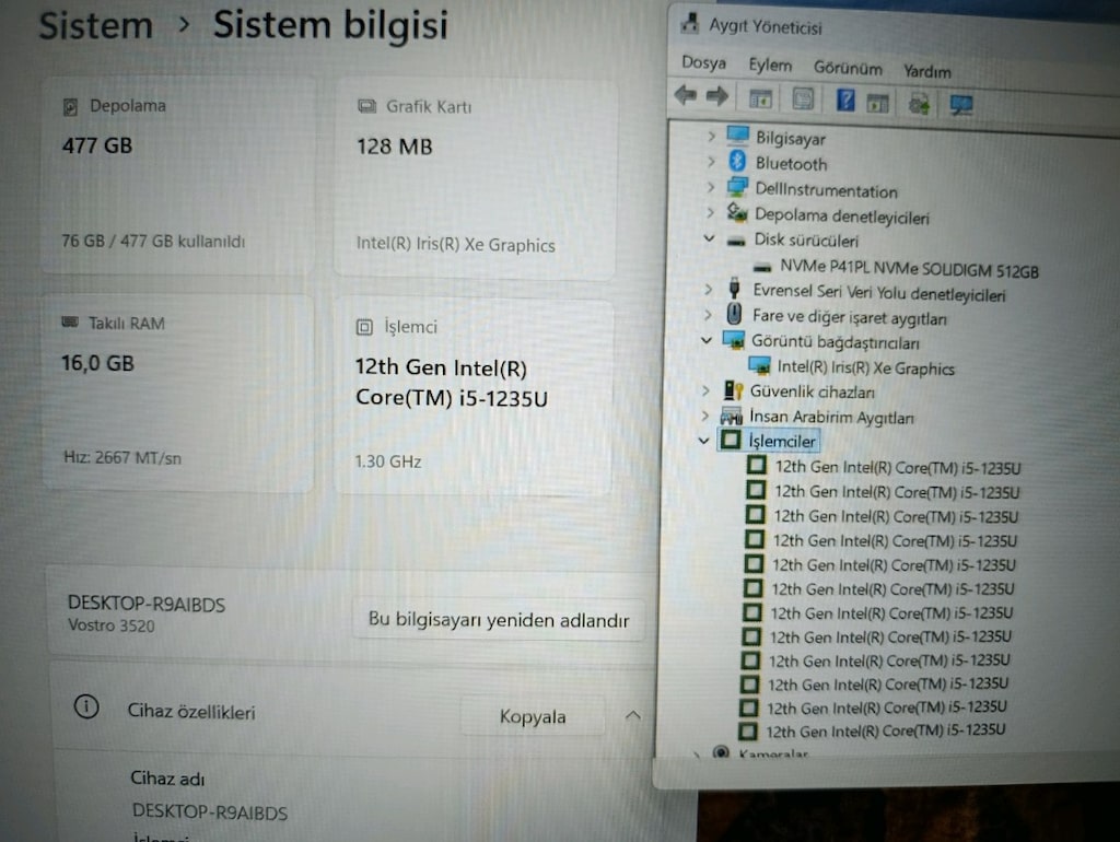 Temiz Dell Vostro i5 12. Nesil / 16 GB RAM / 512 GB NVMe SSD - 8