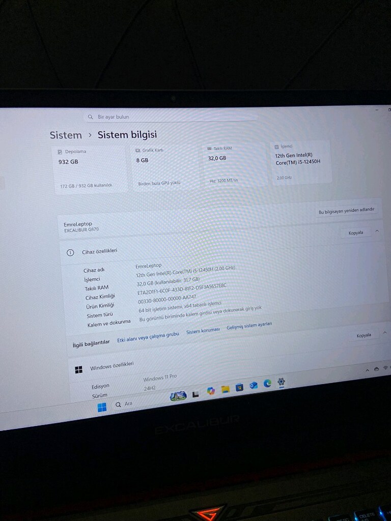 Excalibur g870 Rtx4060 32gb Ram ihtiyaçtan satılık - 2