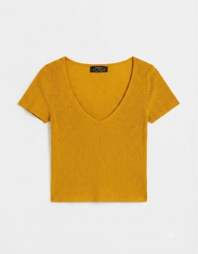Bershka Hardal Sarı V Yaka Fitilli Bluz
