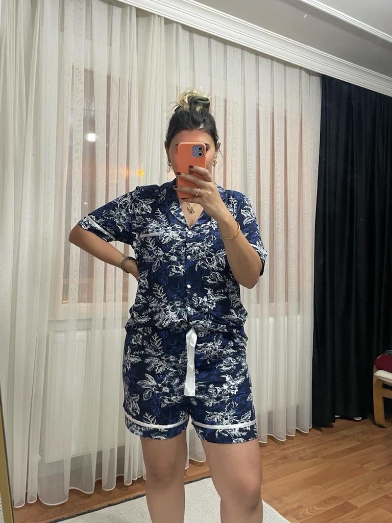 Lacivert Beyaz Yaprak Desenli Rahat Pijama Takımı