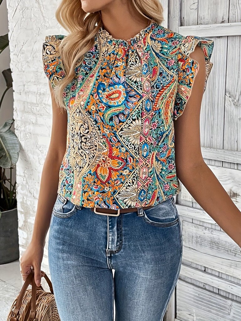 B104 Paisley Desenli ve Fırfırlı Kollu Zarif Bluz - 6