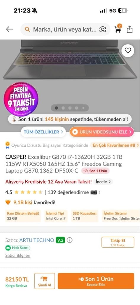 Excalibur G870 i7-13620H 32GB 1TB 8GB RTX5050 165HZ 15.6" Freedos Gami - 5