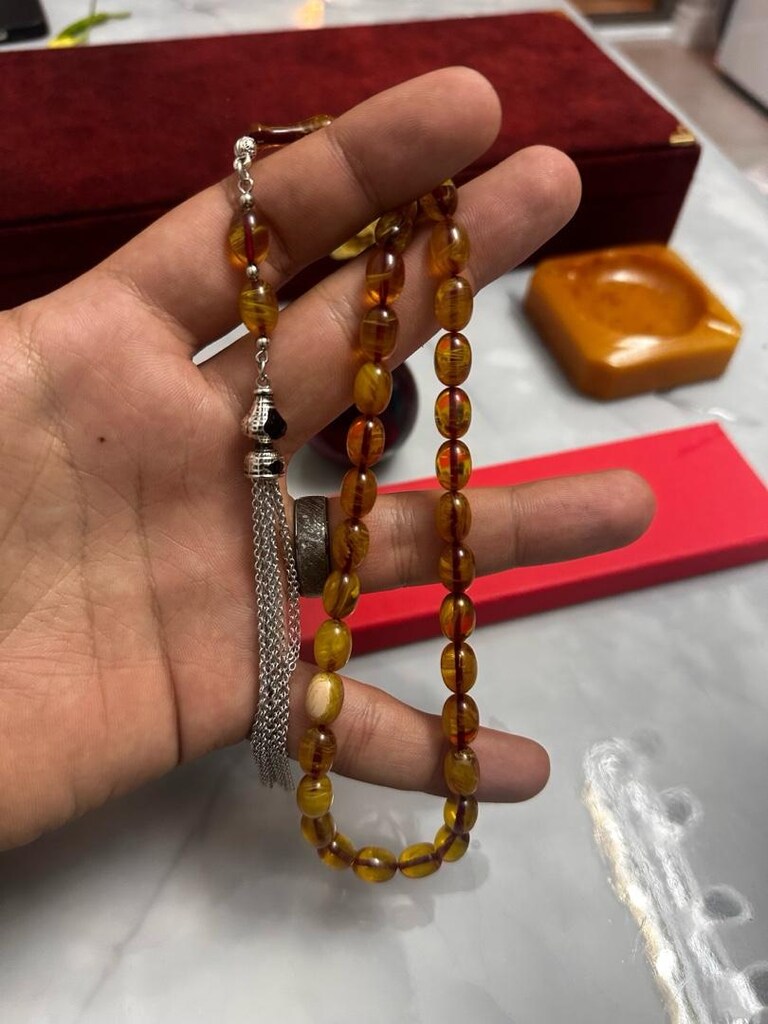 Alpaka Ağır Püsküllü Yoğun Hareli ve Sedefli Ateş-i Sıkma Kehribar - 4