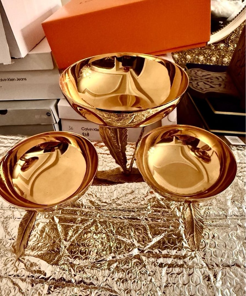‼İTHAL/SIFIR/Yaprak Figürü Ayaklı Gold Dekoratif Sunumluk/Çerezlik