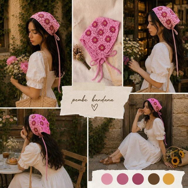 Pembe Çiçekli El Yapımı Bandana Siparişe Özel Üretim