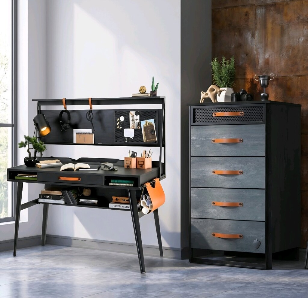 Çilek Mobilya Dark Metal Çalışma Masası + 5 Çekmeceli Şifonyer yeni