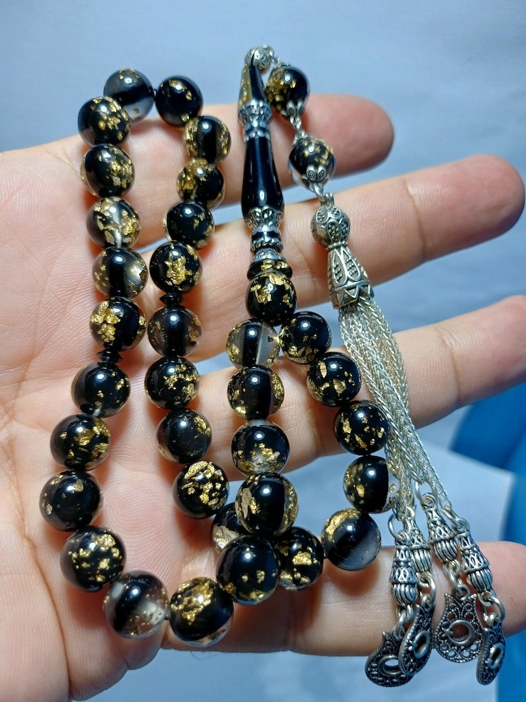 10mm ölçüsünde imame pirinç işlemeli ital altın varaklı tesbih - 4