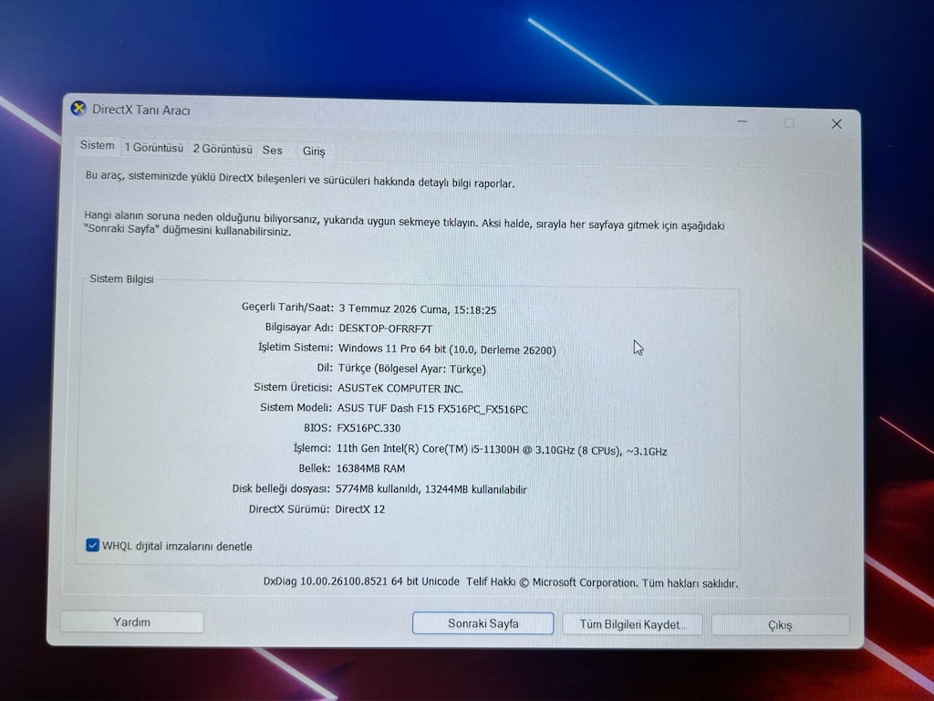 ASUS TUF F15 LAPTOP RTX3050 İNTEL İ5 11400H - 3