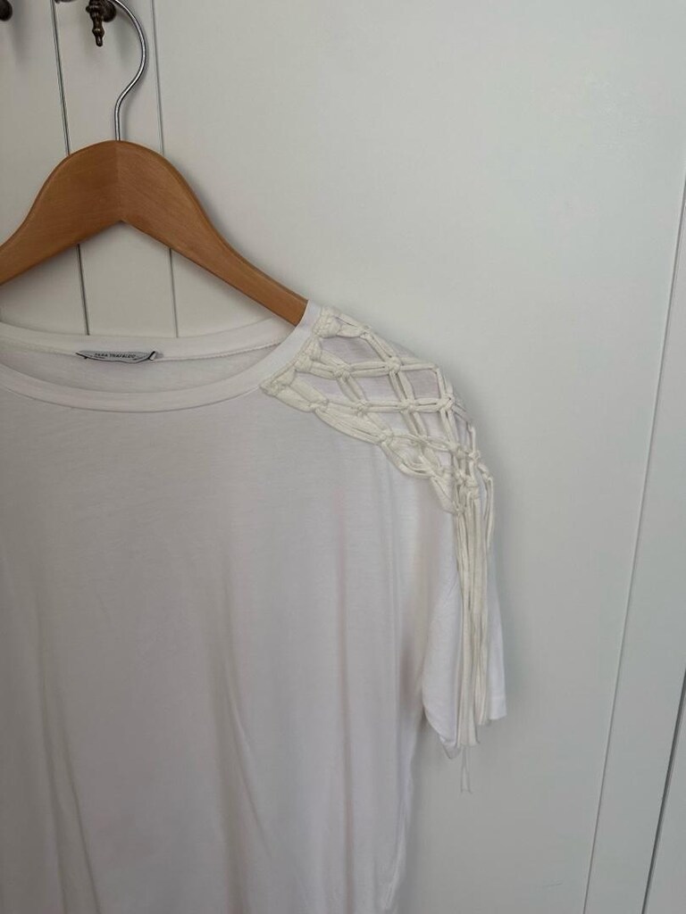 Zara Beyaz Örgü Detaylı Kısa Kollu T-Shirt - 4