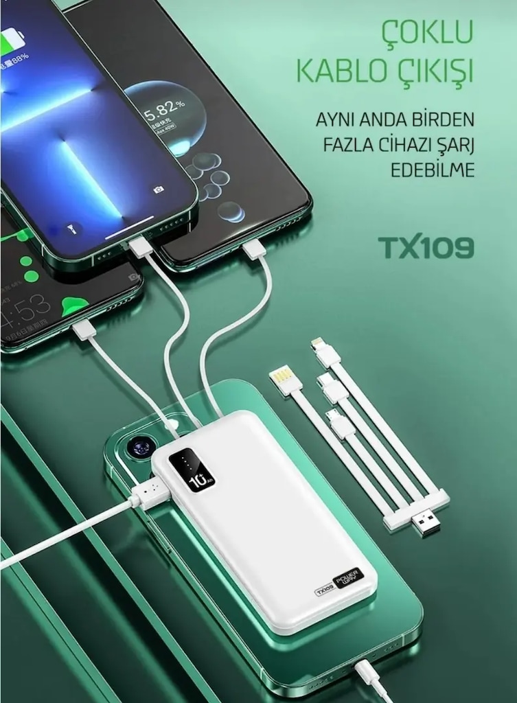 10.000 mAh Kablolu Dijital Göstergeli Powerbank Şarj Cihazı Şarj Aleti - 2