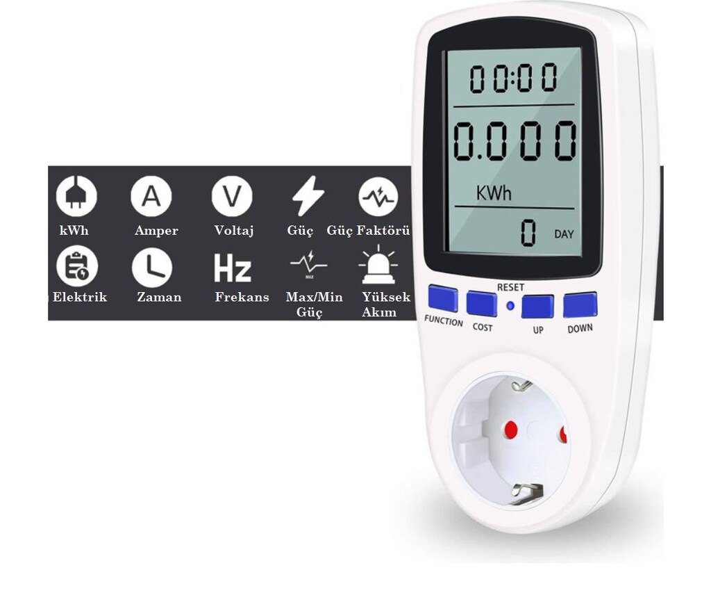 Wattmetre Priz Tipi 16A 3680W Enerji Sarfiyat Ölçer - 8